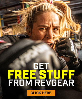 Person wearing boxing gloves with text saying get free stuff from rev gear